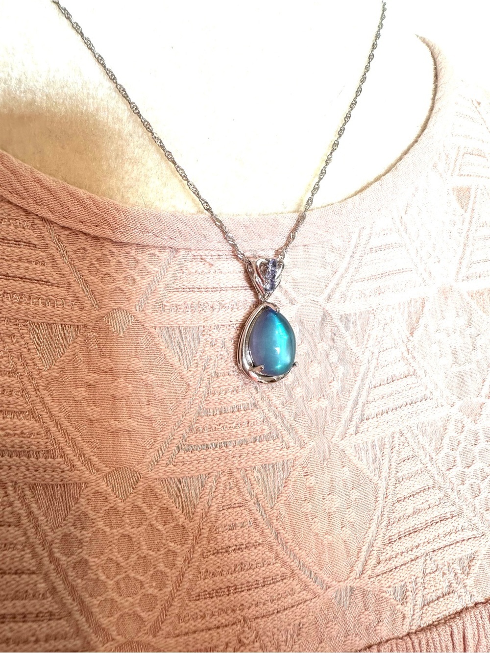 Aurora Moonstone with Blue Tanzanite Sterling Silver Pendant with Chain Necklace - Picture 8 of 16